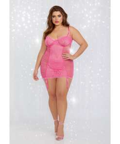 Valentines Stretch Mesh & Lace Ruched Garter Slip Fuchsia 1X