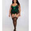 Holiday Satin Gartered Teddy w/Lace Overlay Evergreen/Black 2X
