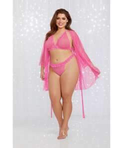Valentines Heart Mesh Robe, Tri Cup Bralette & Thong Fuchsia 3X