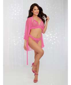Valentines Heart Mesh Robe, Tri Cup Bralette & Thong Fuchsia SM
