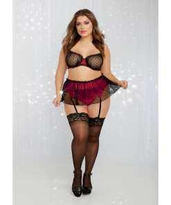 Valentines Heart Stretch Mesh Bra, Mini Gartered Skirt & G-String Black/Rouge 3X