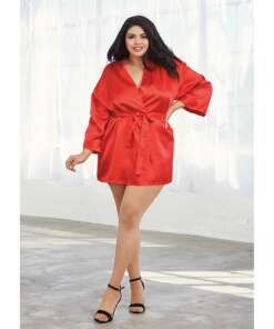 Charmeuse Short Length Kimono w/Matching Chemise Red 1X/2X
