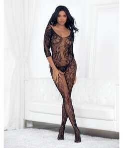 Lace 3/4 Sleeve Open Crotch Bodystocking Black O/S