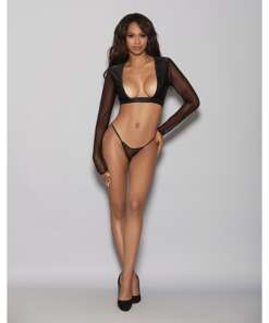 Lingerize Long Sleeve Top (Customize w/Your Favorite Bra) w/G-String Black S/M