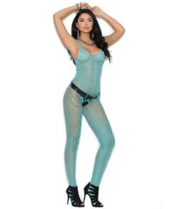 Crochet Pothole Bodystocking w/Open Crotch Turquoise O/S