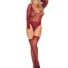 Sheer Burnout Long Sleeve Teddy & Matching Stockings Burgundy QN