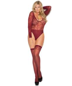 Sheer Burnout Long Sleeve Teddy & Matching Stockings Burgundy QN