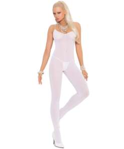 Opaque Bodystocking w/Spaghetti Straps & Open Crotch White O/S