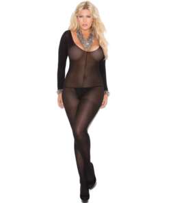 Opaque Long Sleeve Bodystocking w/Open Crotch Black QN
