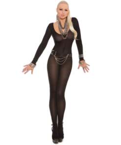 Opaque Long Sleeve Bodystocking w/Open Crotch Black O/S