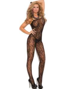 Rose Lace Bodystocking w/Open Crotch Black O/S