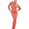 Fishnet Long Sleeve Bodystockings w/Open Crotch Red O/S