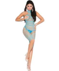 Vivace Crochet & Fishnet Halter Neck Mid Length Bodystocking Turquoise O/S