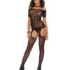 Vivace Off the Shoulder Crochet Suspender Bodystocking Black O/S