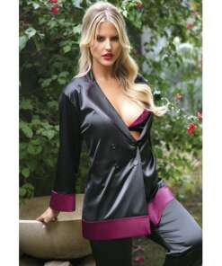 Premiere Marjorie Contrast Cuff Satin Blazer Jacket Black/Berry S/M