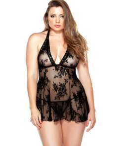 Curve Stretch Lace Chemise & Matching G-String Black 1X/2X