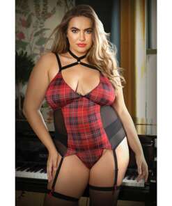 Curve Shannon Plaid Harness Bustier & Panty Red/Black 1X/2X