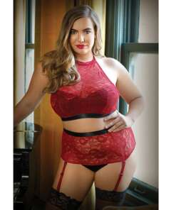 Curve Aria Lace Halter Top & High Waist Panty Red 1X/2X