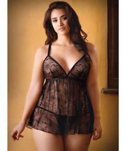 Curve Elena Lace Babydoll w/Criss Cross Back Detail & Panty Black 3X/4X