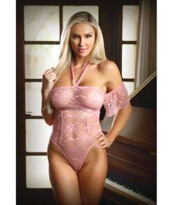 Tease Annabelle Halter Tie Stretch Lace Bodysuit w/Snap Crotch Rose Pink L/XL