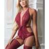 Plunging Halter Teddy w/Stockings - Magenta Purple O/S