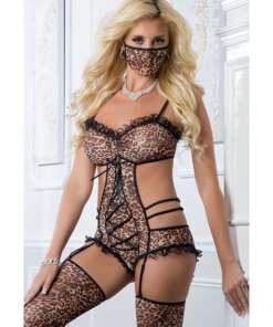 Teddy w/Garters, Face Mask & Stockings Gold Leopard O/S