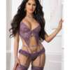 Garter Corset Teddy & Stockings Mauve Merlot O/S