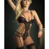 Embroidered Lace Strappy Garter Teddy & Stockings Black O/S