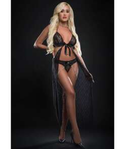 Cut Out Open Front Flyaway Night Gown w/Pearl Chains & Panty Black O/S