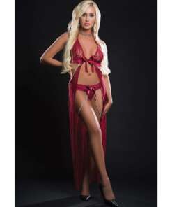 Cut Out Open Front Flyaway Night Gown w/Pearl Chains & Panty Red Berry O/S