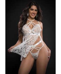 Lace Halter Babydoll w/High Waist Strappy Panty White O/S