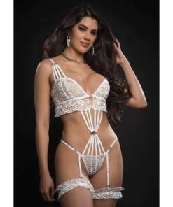 O'Ring Caged Garter Teddy w/Lace Garters Lavish White O/S
