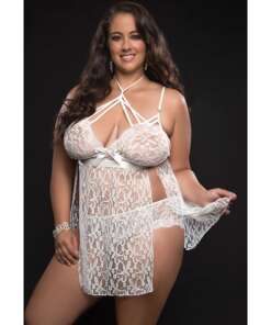 Lace Halter Babydoll w/Lace Panty White QN
