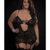 Lace Up Plunge Garter Slip, Stockings & Thong Blackout QN