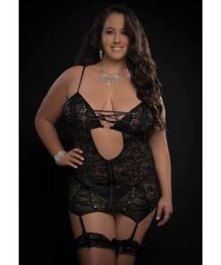 Lace Up Plunge Garter Slip, Stockings & Thong Blackout QN