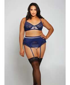 Geometric Lace w/Matte Microfiber Bra, Garter Belt & G-String Navy/Beige 2X