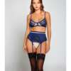 Geometric Lace w/Matte Microfiber Bra, Garter Belt & G-String Navy/Beige LG