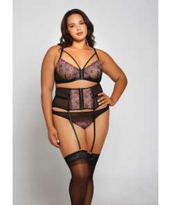 Jacquard Lace, Fine Mesh, Waist Cincher Garter & Thong Fuchsia/Black 1X
