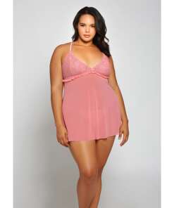 Galloon Lace & Fine Mesh Babydoll & G-String Pink 1X