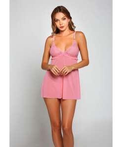 Galloon Lace & Fine Mesh Babydoll & G-String Pink XL