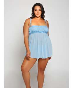 Lace & Fine Mesh Babydoll & Mesh G-String Light Blue 1X