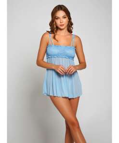 Lace & Fine Mesh Babydoll & Mesh G-String Light Blue MD