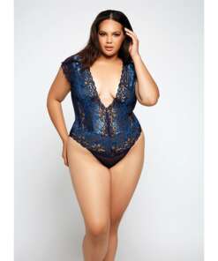 Lace & Mesh Deep V Teddy Blue 1X