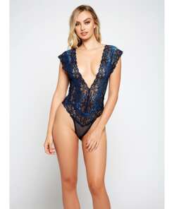 Lace & Mesh Deep V Teddy Blue MD