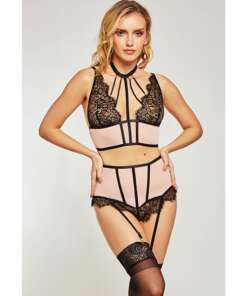 Estrella Lace & Stretch Sateen Bra & Garter Set Pink/Black MD