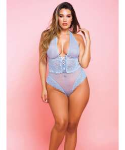 Simone Stretch Lace Mesh Teddy w/Cheeky Back Light Blue 1X