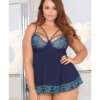 Lace & Microfiber Babydoll w/Soft Cups & G-String Blue 1X