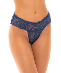 Helena Stretch Lace Open Back Crotchless Panty Estate Blue S/M