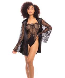 Elishia Satin Robe w/Wide Eyelash Sleeves & Lace Teddy Black L/XL