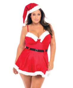 Holiday Velvet Babydoll w/Marabou Trim & Santa Hat Red 1X/2X